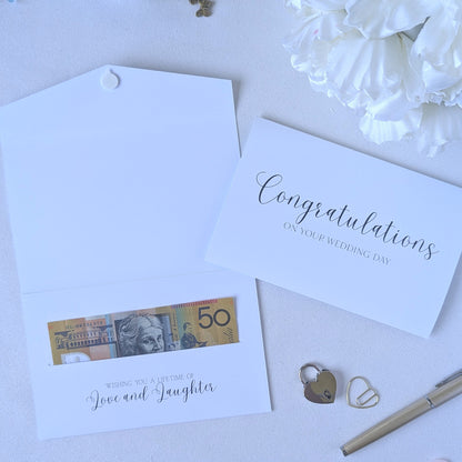 Congratulations on your wedding day money gift envelope with gold satin ribbon