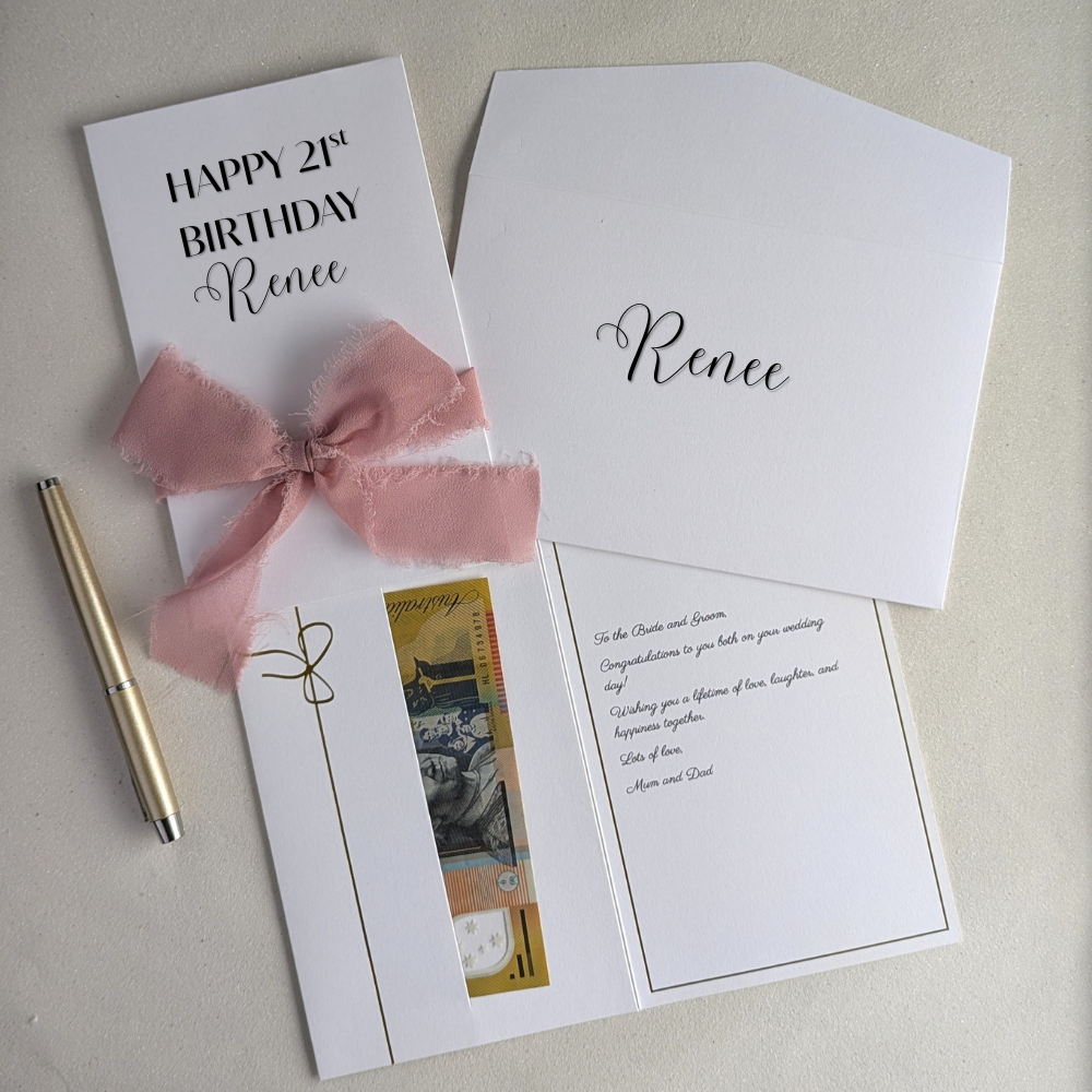 Keepsake Personalised 21st birthday card with pink frayed edge chiffon ribbon. With personalised envleope and money in the gift pocket