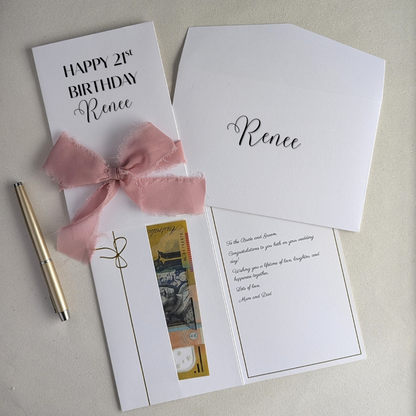Keepsake Personalised 21st birthday card with pink frayed edge chiffon ribbon. With personalised envleope and money in the gift pocket