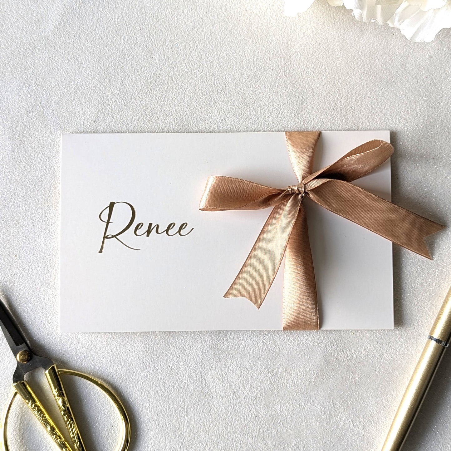 Personalised Anniversary Card Next day delivery with pocket for the voucher. Personalised with Renee in gold foil and gold ribbon