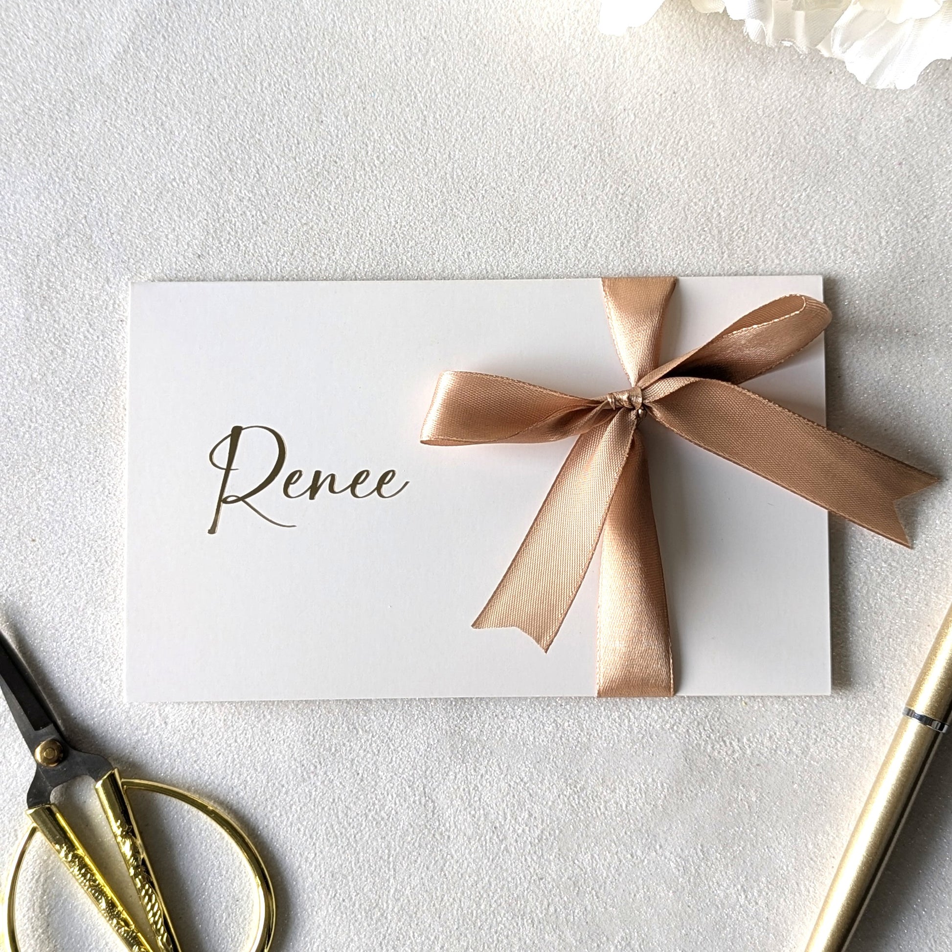 Personalised Anniversary Card Next day delivery with pocket for the voucher. Personalised with Renee in gold foil and gold ribbon