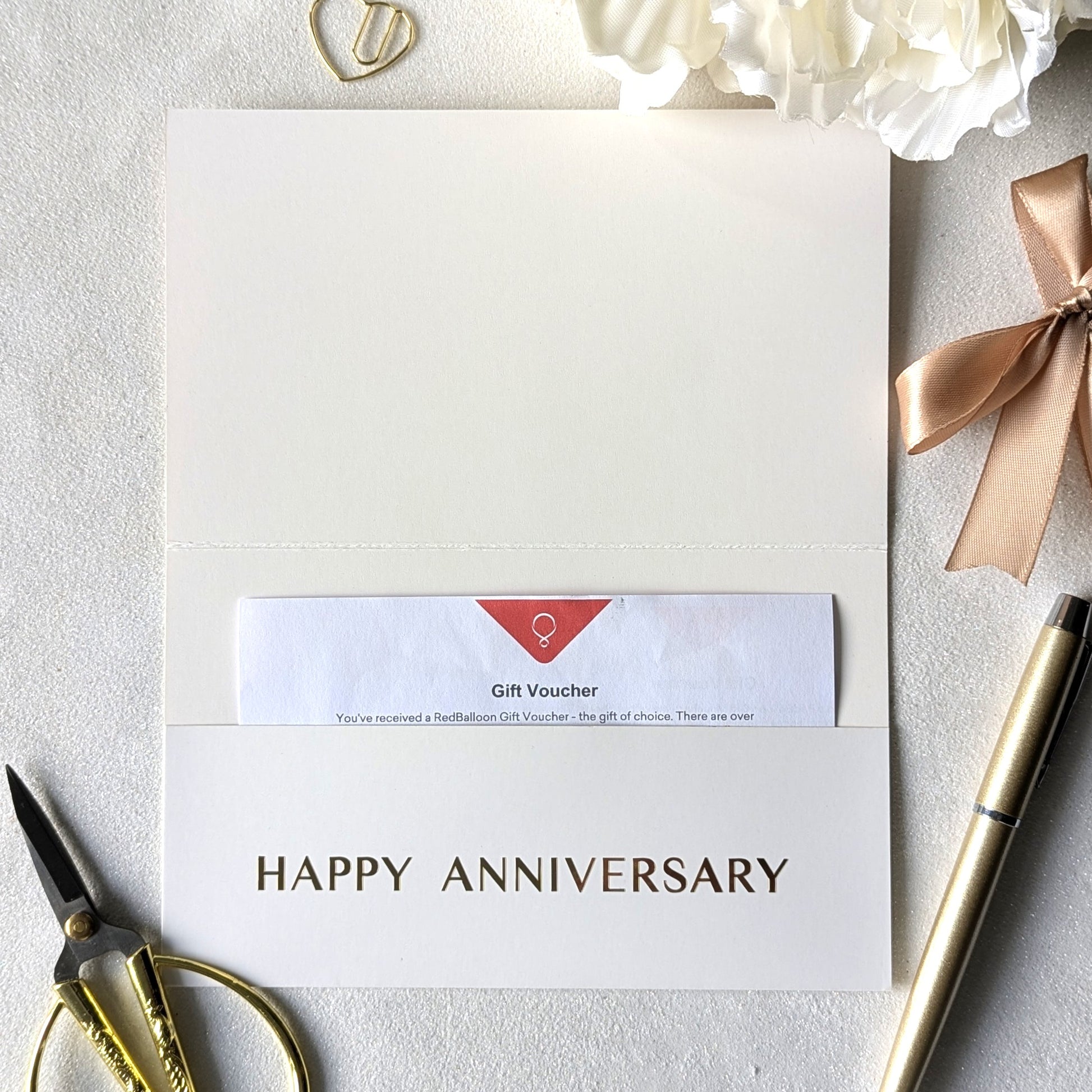 Personalised Anniversary Card Next day delivery with pocket for the voucher. Personalised with Happy Anniversary in gold foil and voucher in the pocket