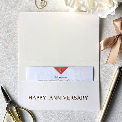Personalised Anniversary Card Next day delivery with pocket for the voucher. Personalised with Happy Anniversary in gold foil and voucher in the pocket