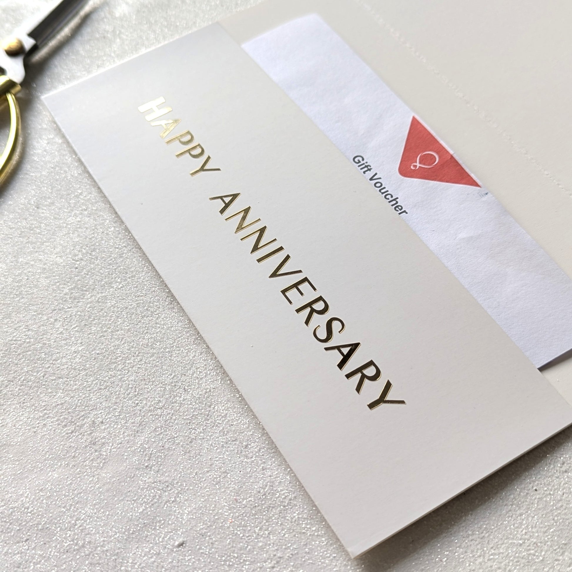 Personalised Anniversary Card Next day delivery with pocket for the voucher. Personalised with Happy Anniversary in gold foil and voucher in the pocket