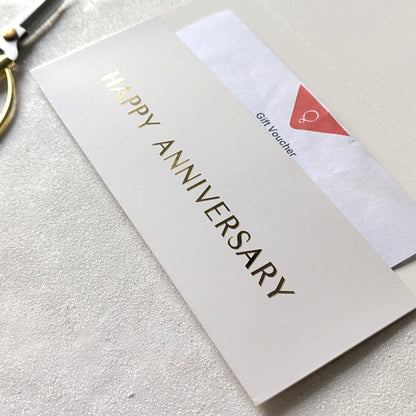 Personalised Anniversary Card Next day delivery with pocket for the voucher. Personalised with Happy Anniversary in gold foil and voucher in the pocket