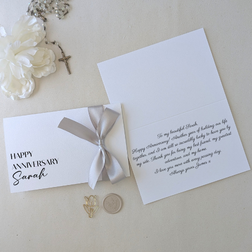 Persoanlised Happy Annivaersary card with name and printed message inside the card and ribbon
