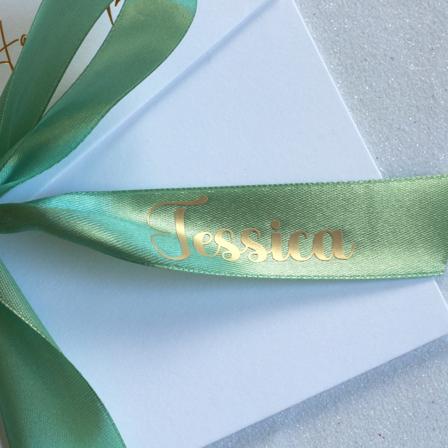 Personalised Green_ribbon_gold_lettering greeting card with money pocket