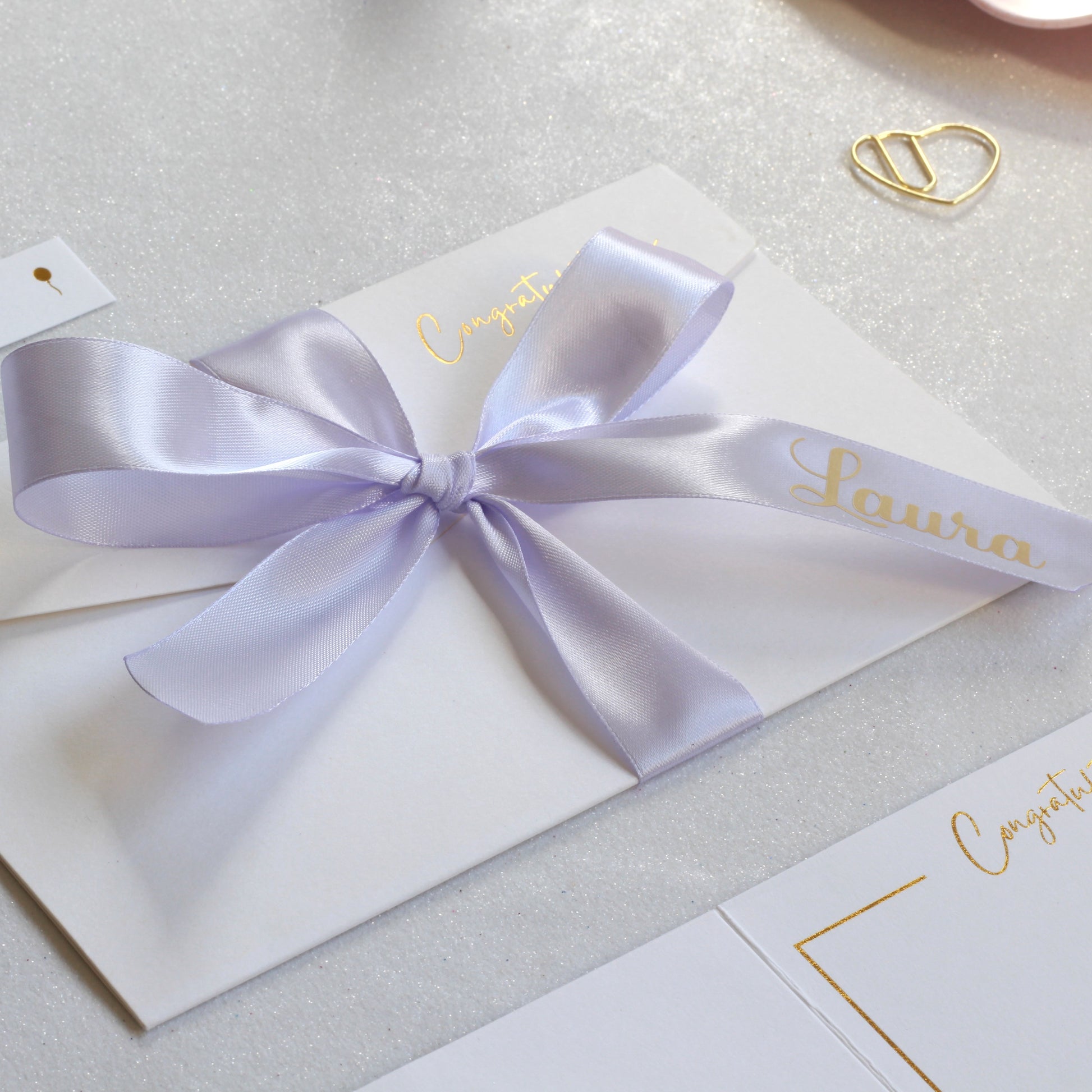Personalised Lilac ribbon on white greeting card with money pocket
