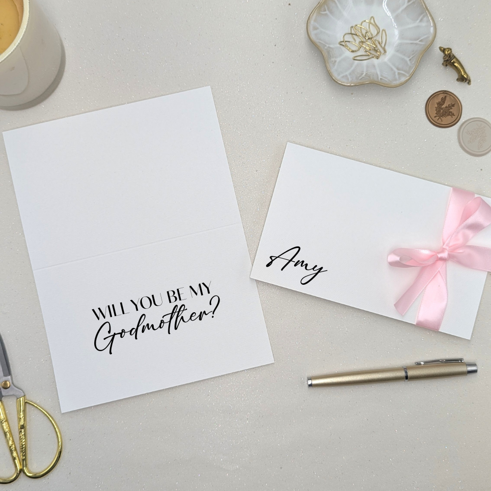 Luxury personalised will you be my godmother proposal card with ribbon