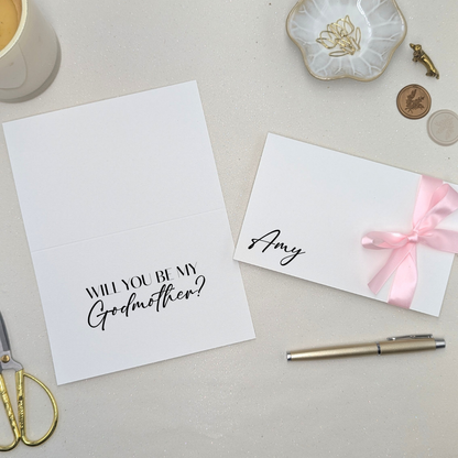 Luxury personalised will you be my godmother proposal card with ribbon