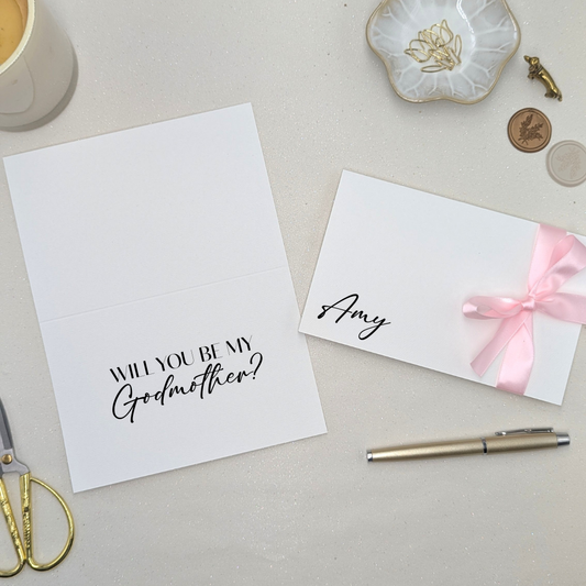 Luxury personalised will you be my godmother proposal card with ribbon