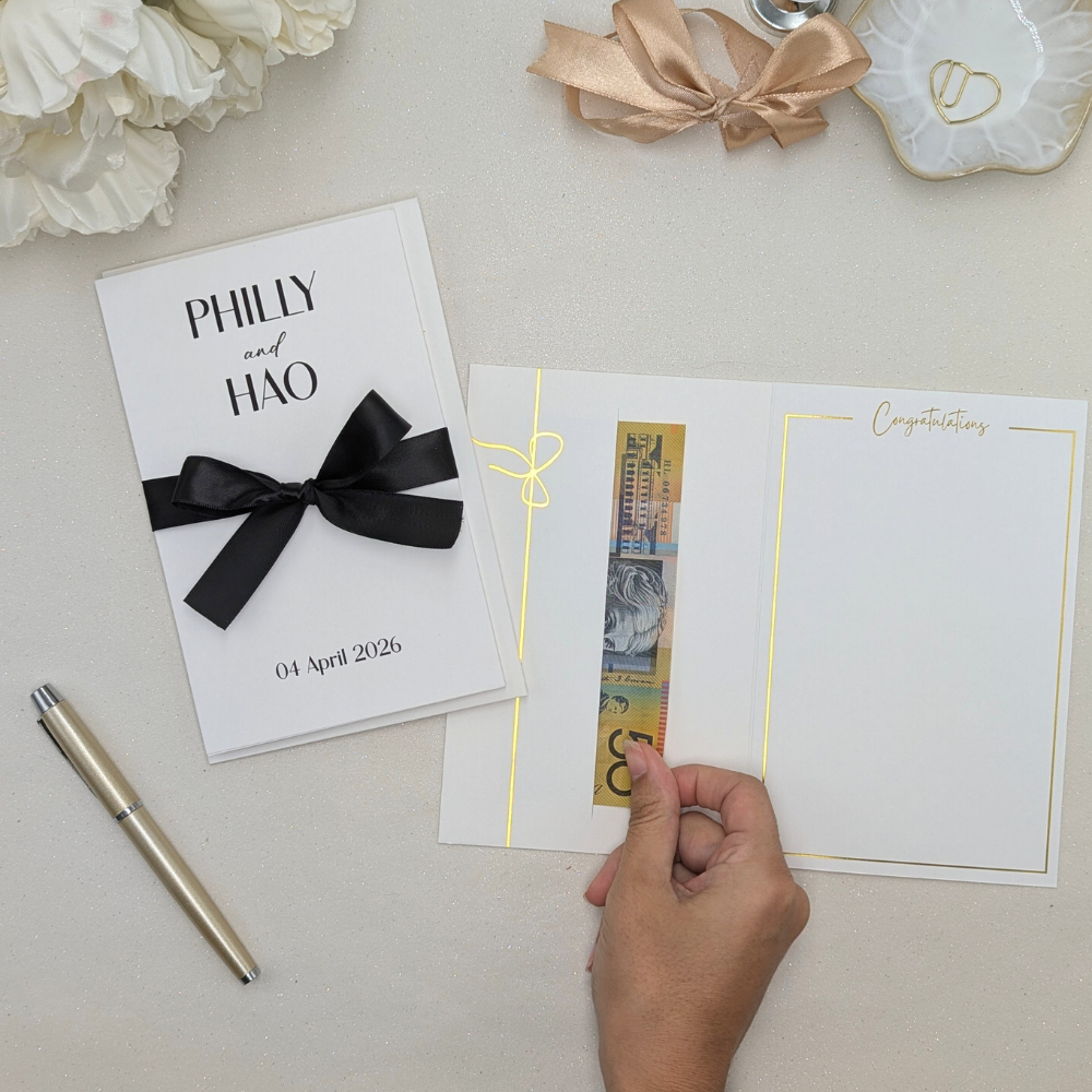 Personalised Wedding Card with Money Pocket with couples names and long date