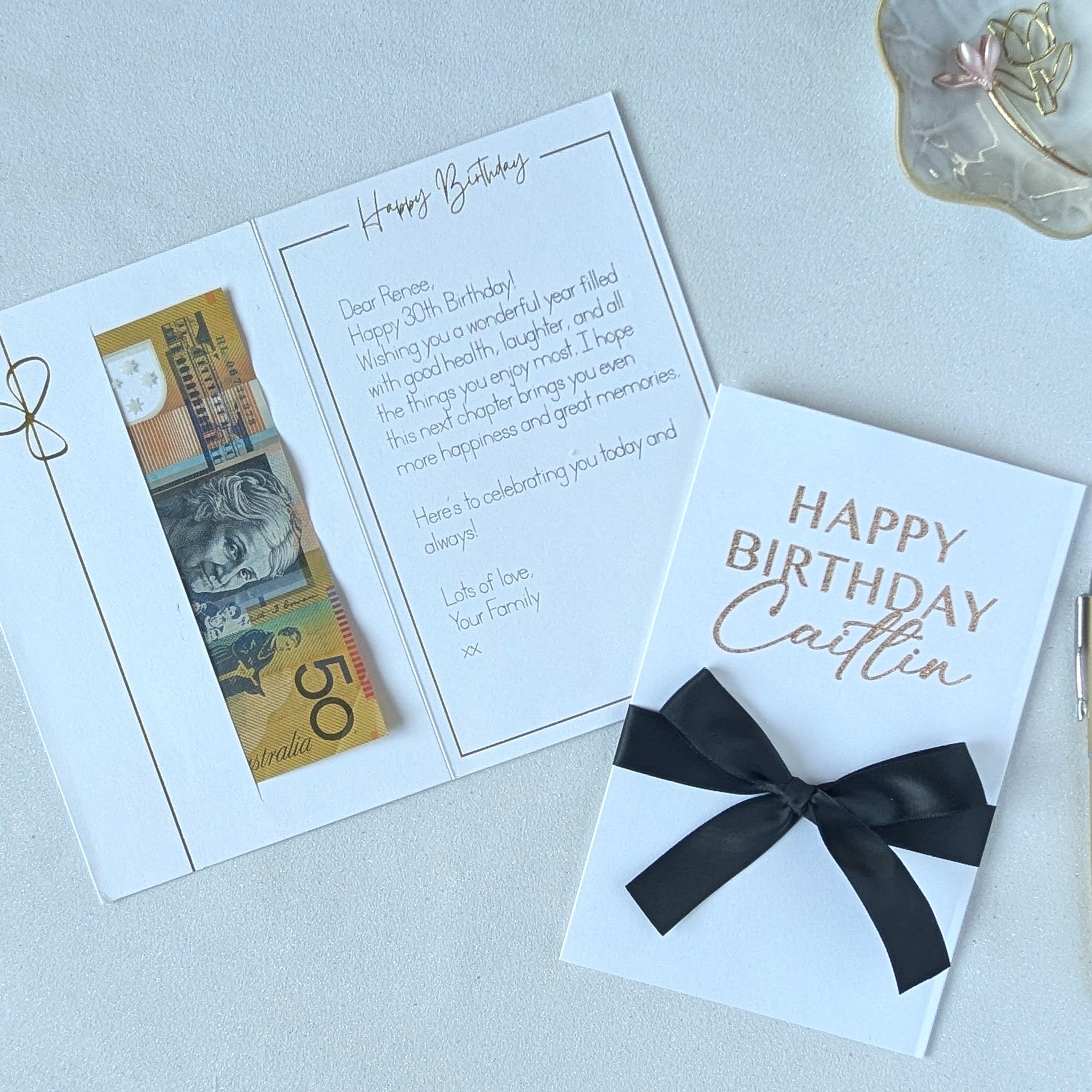 Personalised birthday money envelope with money pocket gold GLITTER birthday greeting card