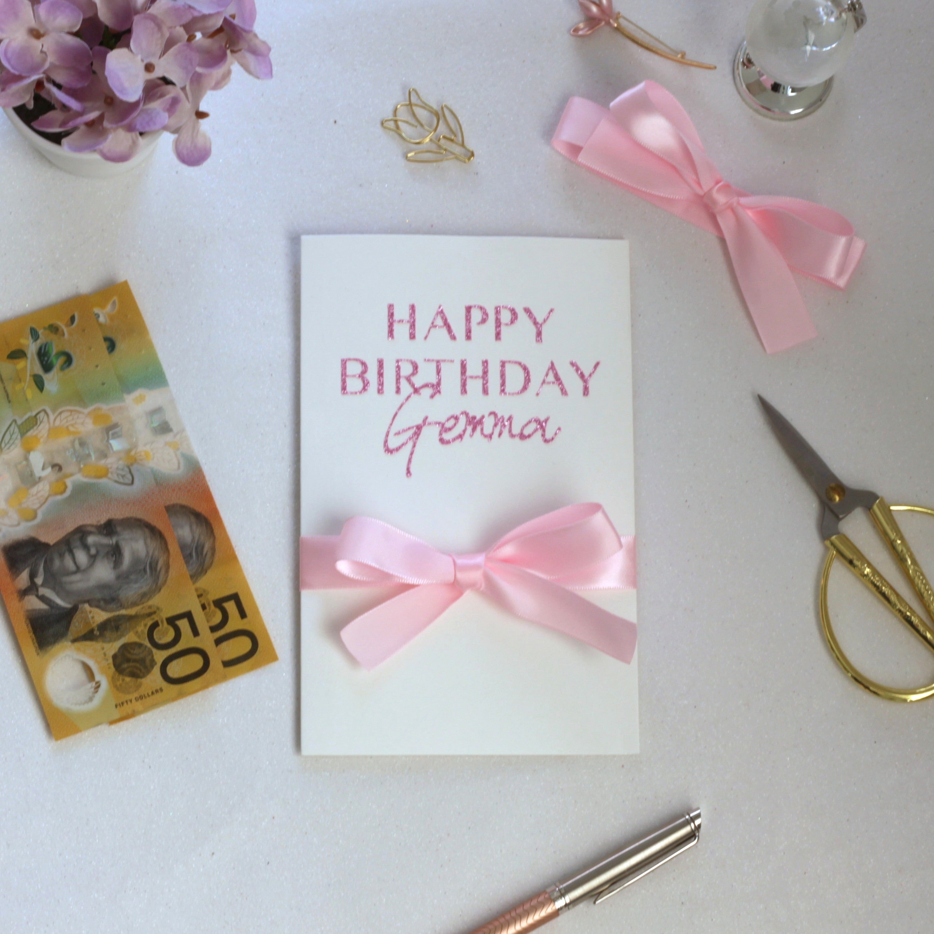 Personalised birthday card with money pocket pink GLITTER greeting card