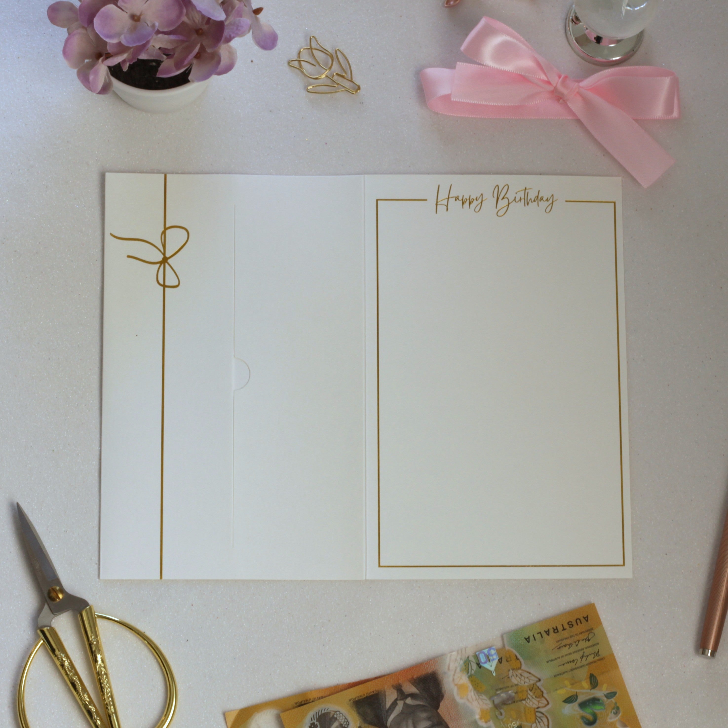 Inside of White birthday card with money pocket