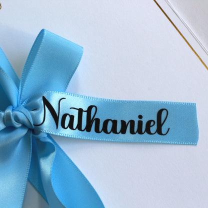 Personalised greeting card ribbon Blue ribbon black letters