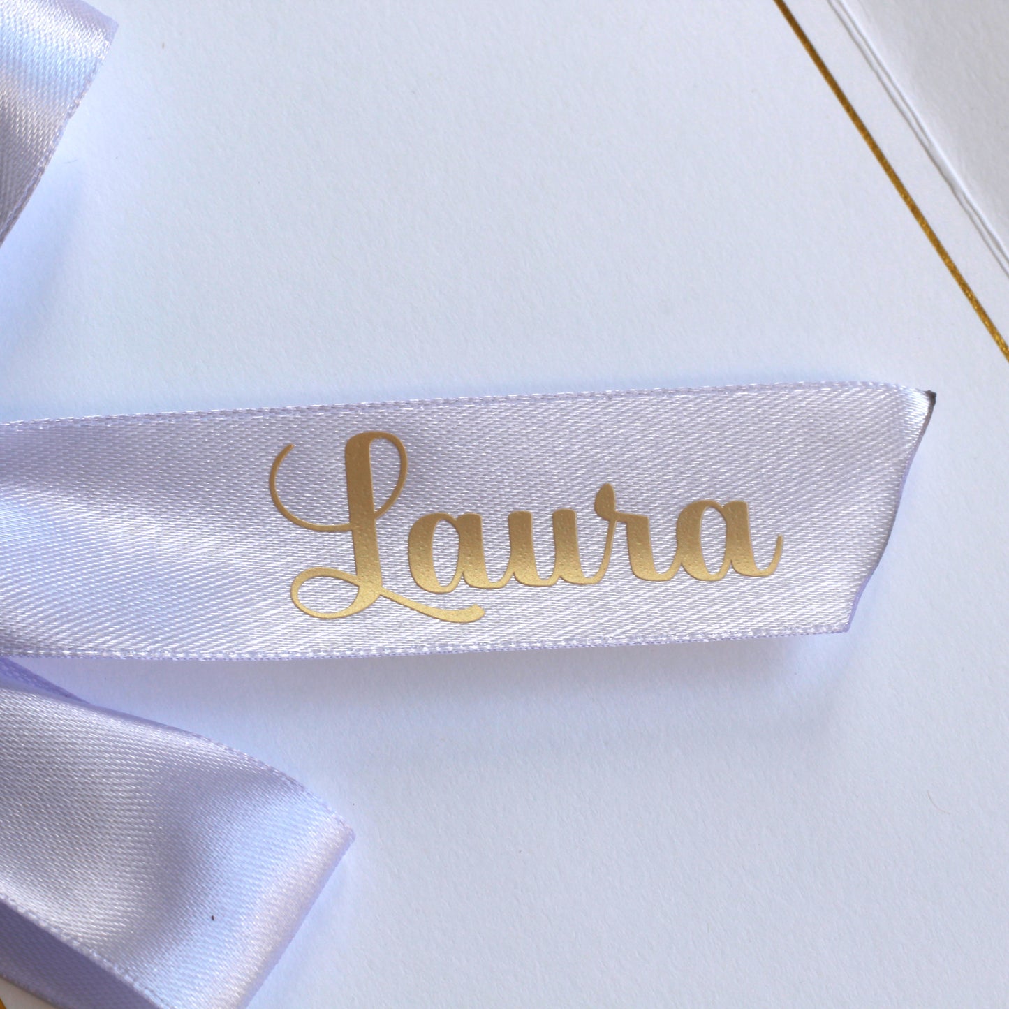 Personalised greeting card ribbon Lilac ribbon gold letters