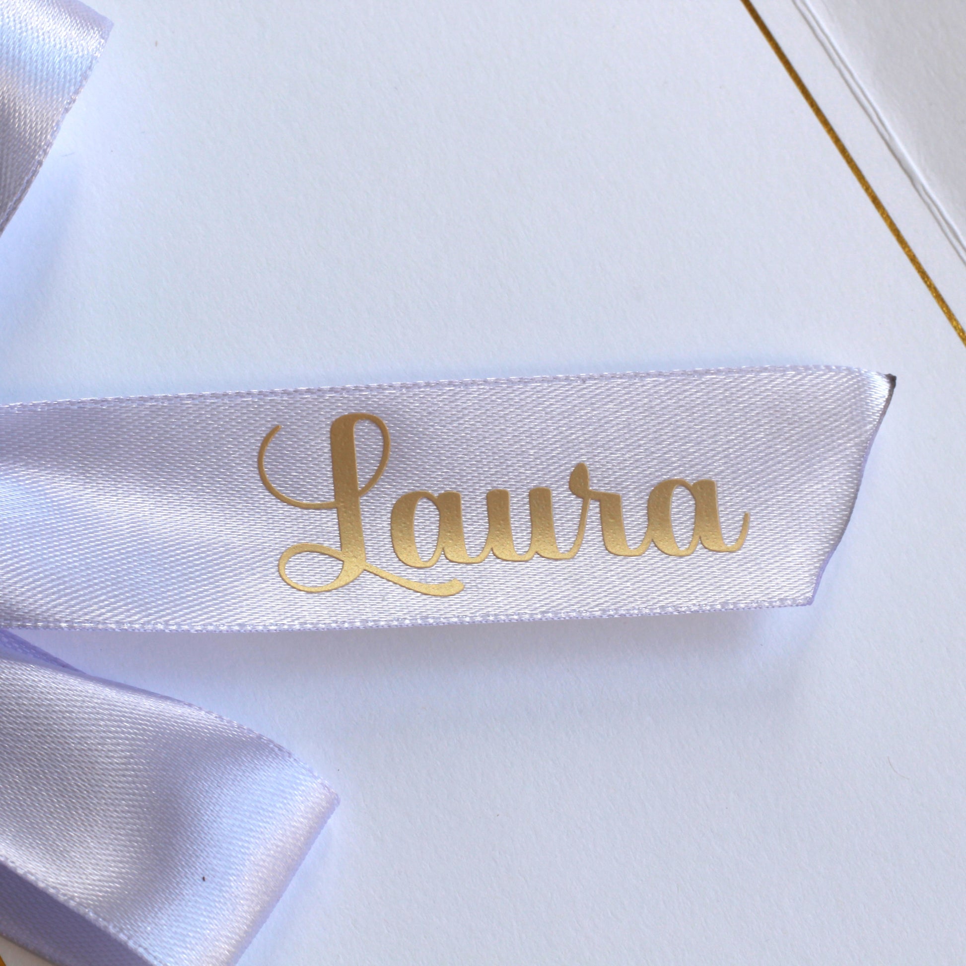 Personalised greeting card ribbon Lilac ribbon gold letters