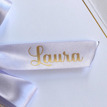 Personalised greeting card ribbon Lilac ribbon gold letters