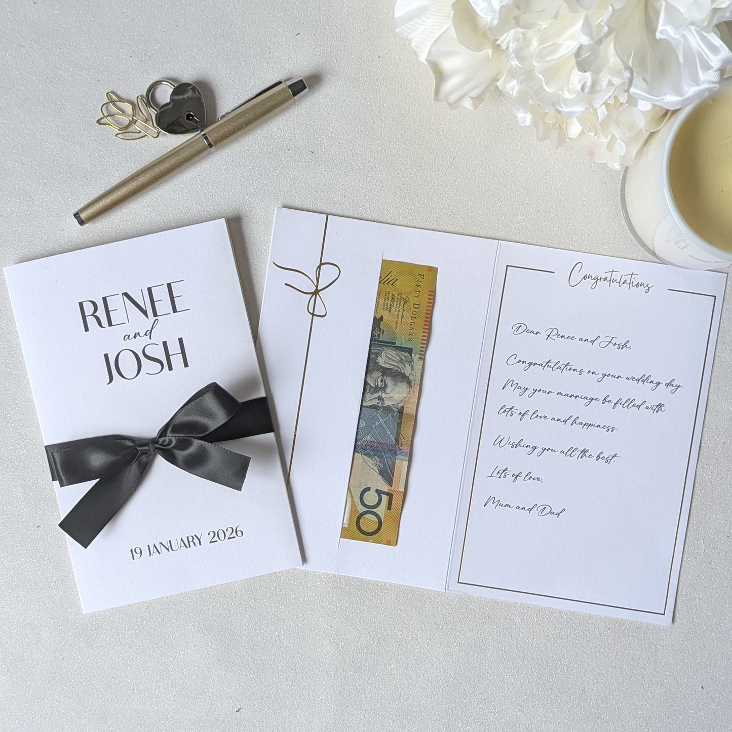 Personalised Wedding Card with Money Pocket with couples names and long date