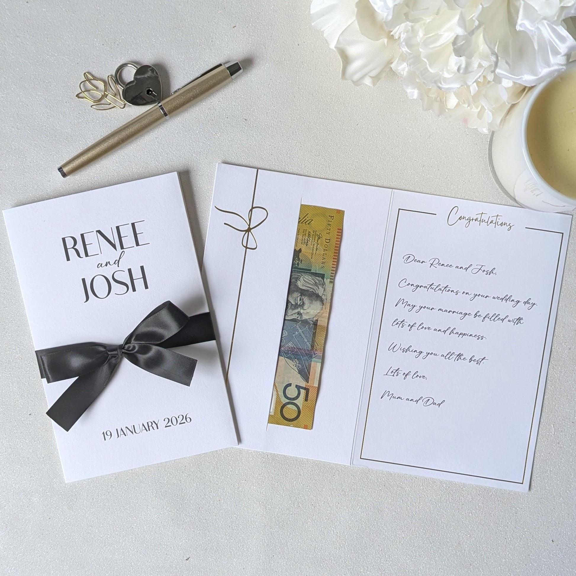 Personalised Wedding Card with Money Pocket with couples names and long date