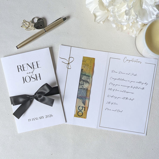 Personalised Wedding Card with Money Pocket with couples names and long date