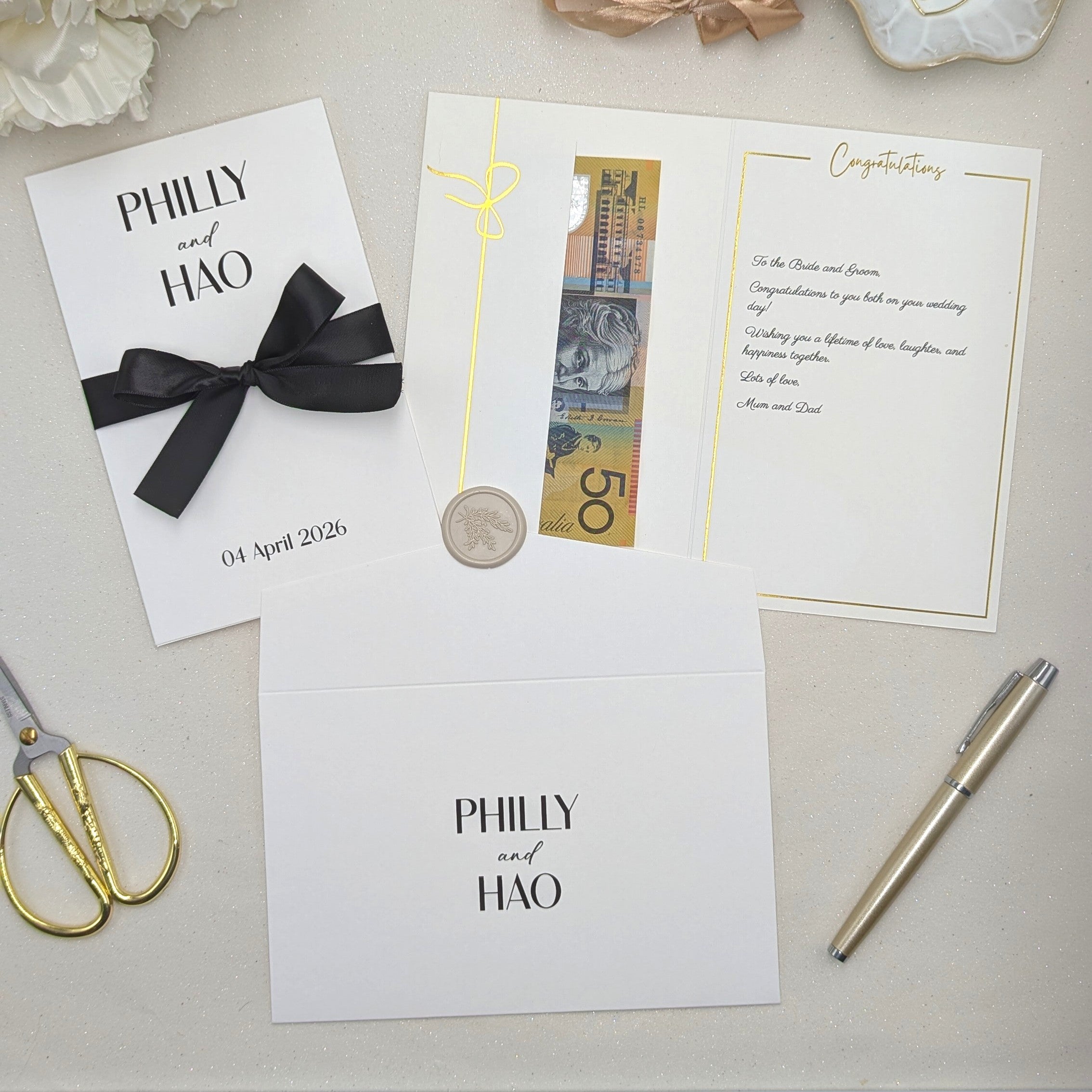 Personalised wedding card for cash gift with personalised envelope and wax seal