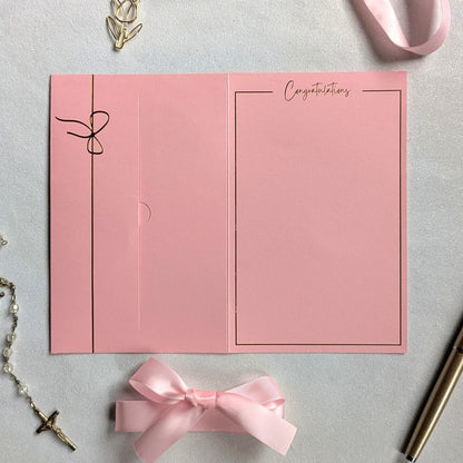 Inside of Pink greeting card for giving cash with an empty pocket for cash or gift card