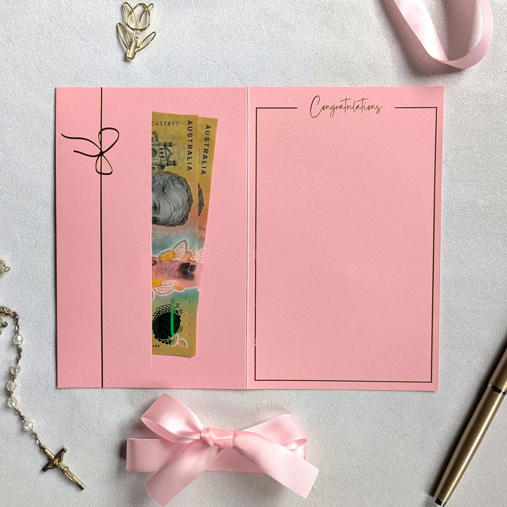 Inside of Pink greeting card for giving cash or gift card with 2 $50AUD notes in the gift pocket