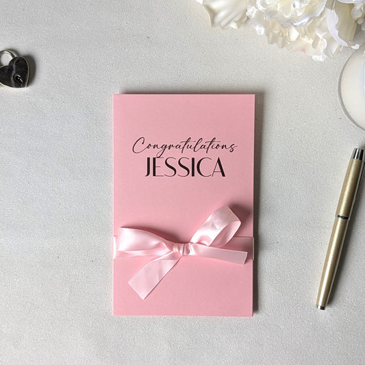 Personalised pink bridal shower or baby shower gift card holder greeting card envelope with congratulations Jessica on the front with pink satin ribbon