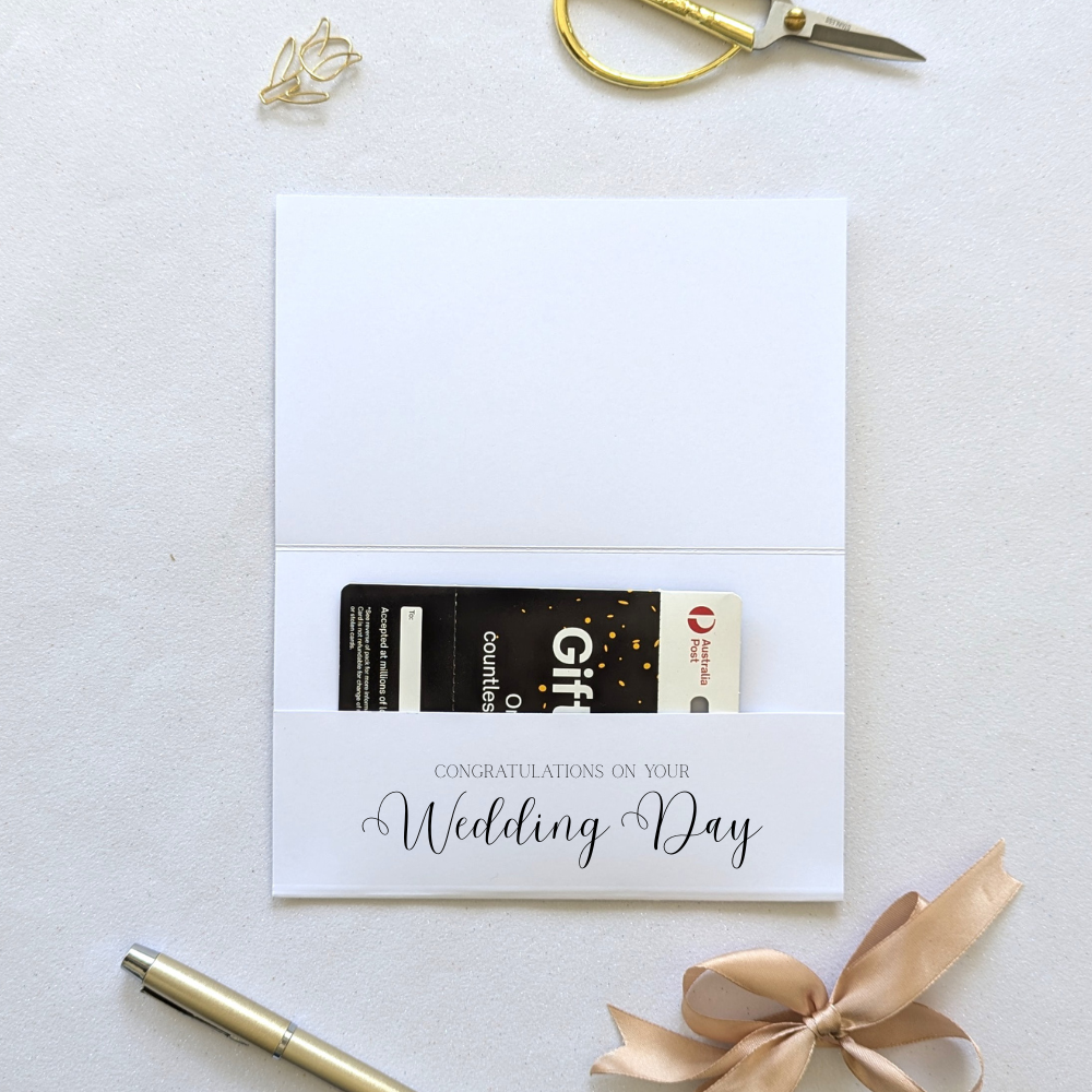 Print at home wedding money envelope with Congratulations on your wedding day printed on the gift flap with gift card in the gift flap