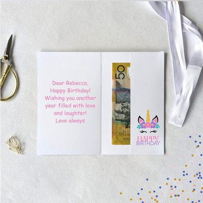 Printable Unicorn Birthday Money Envelope – Editable Cash & Gift Card Holder with cash in the gift pocket