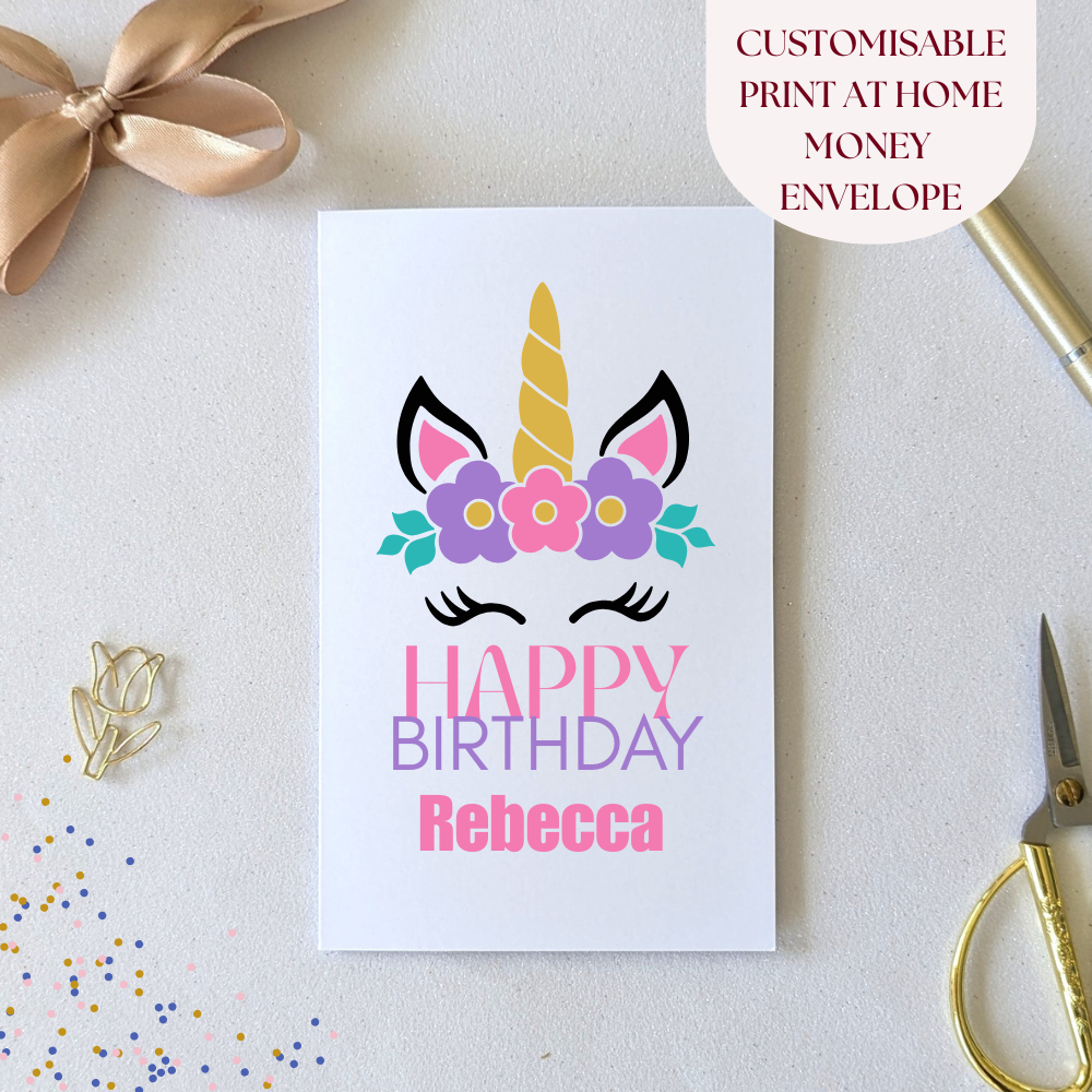 Printable Unicorn Birthday Money Envelope – Editable Cash & Gift Card Holder with happy birthday rebecca on the front