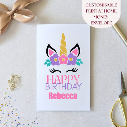 Printable Unicorn Birthday Money Envelope – Editable Cash & Gift Card Holder with happy birthday rebecca on the front