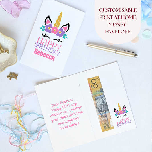Printable Unicorn Birthday Money Envelope – Editable Cash & Gift Card Holder