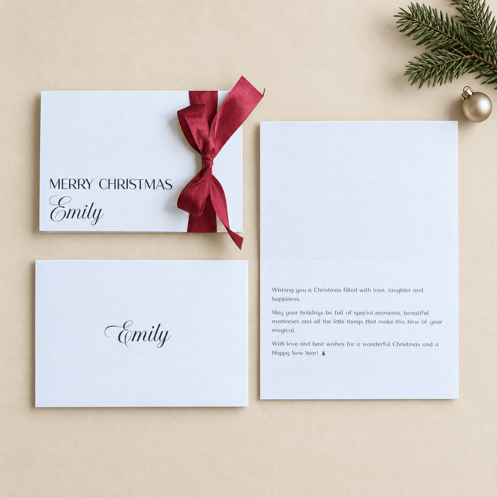 Signature suite personalised christmas card red ribbon