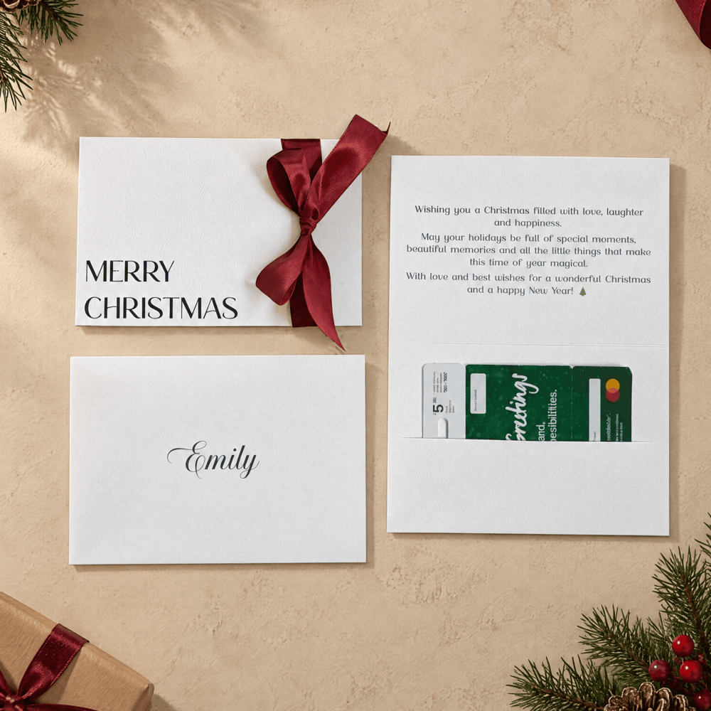 Signature Merry Christmas gift pocket card with Red Satin Ribbon
