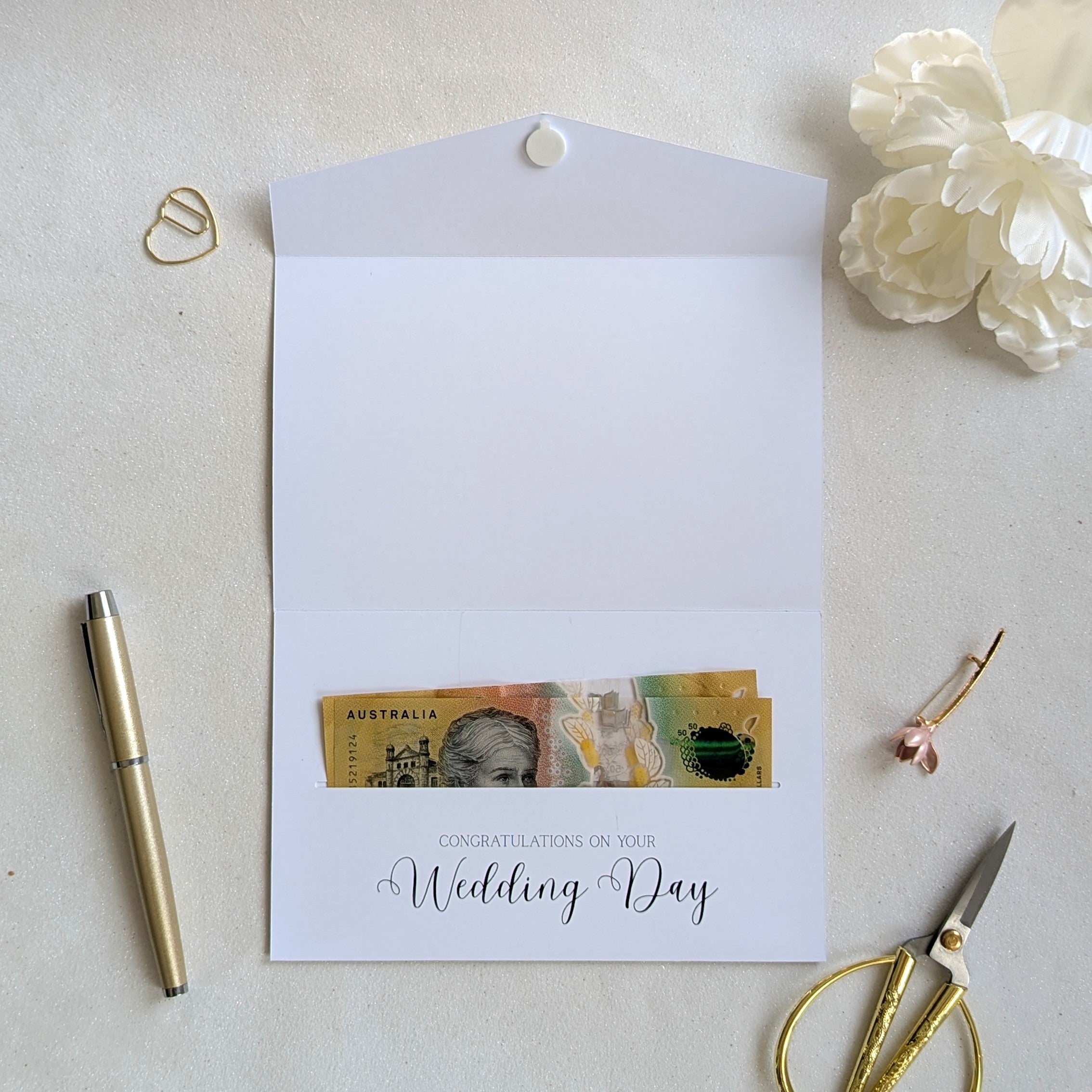 Inside of Wedding cash envelope with cash in the gift pocket