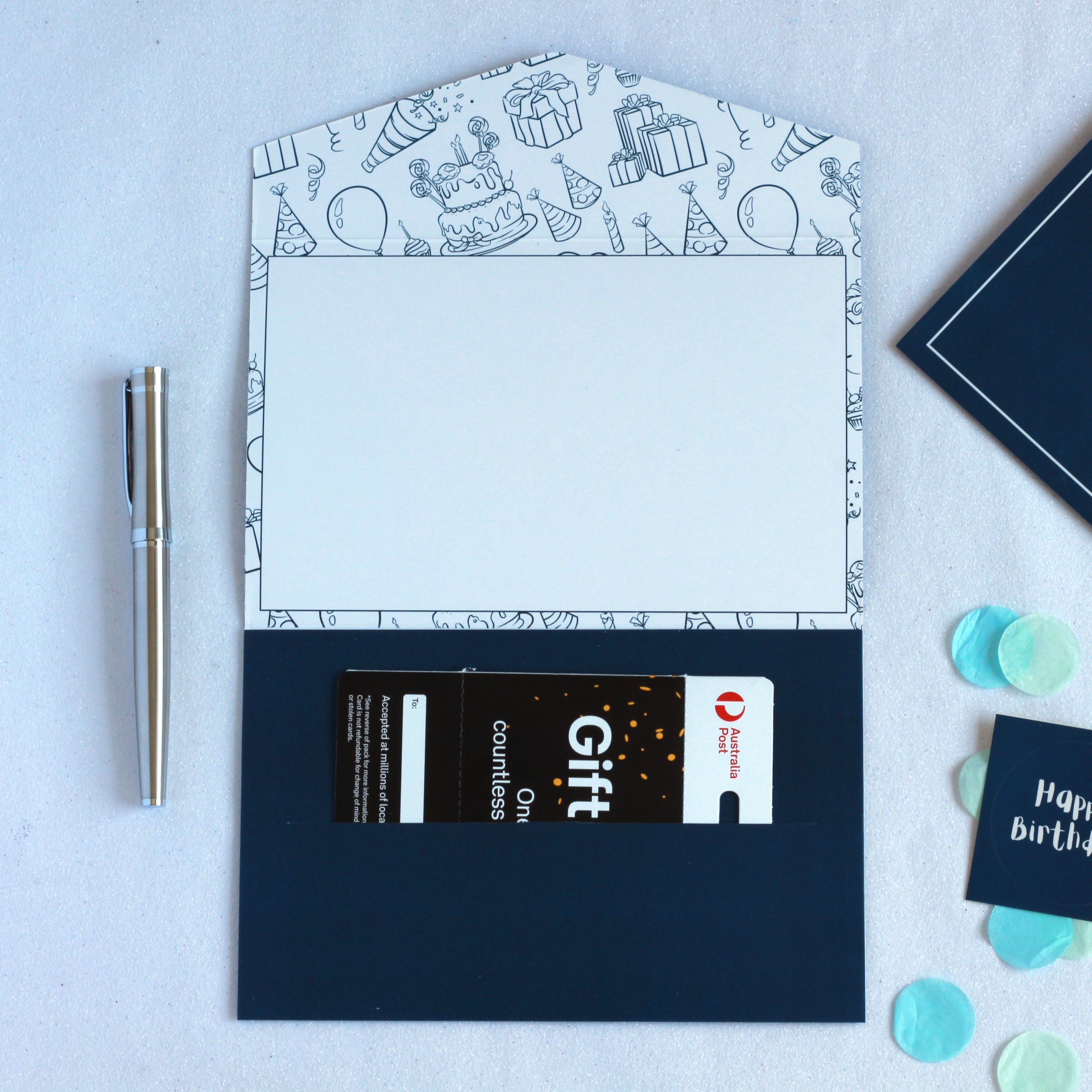 Blue happy birthday money envelope for giving cash with gift card in the pocket