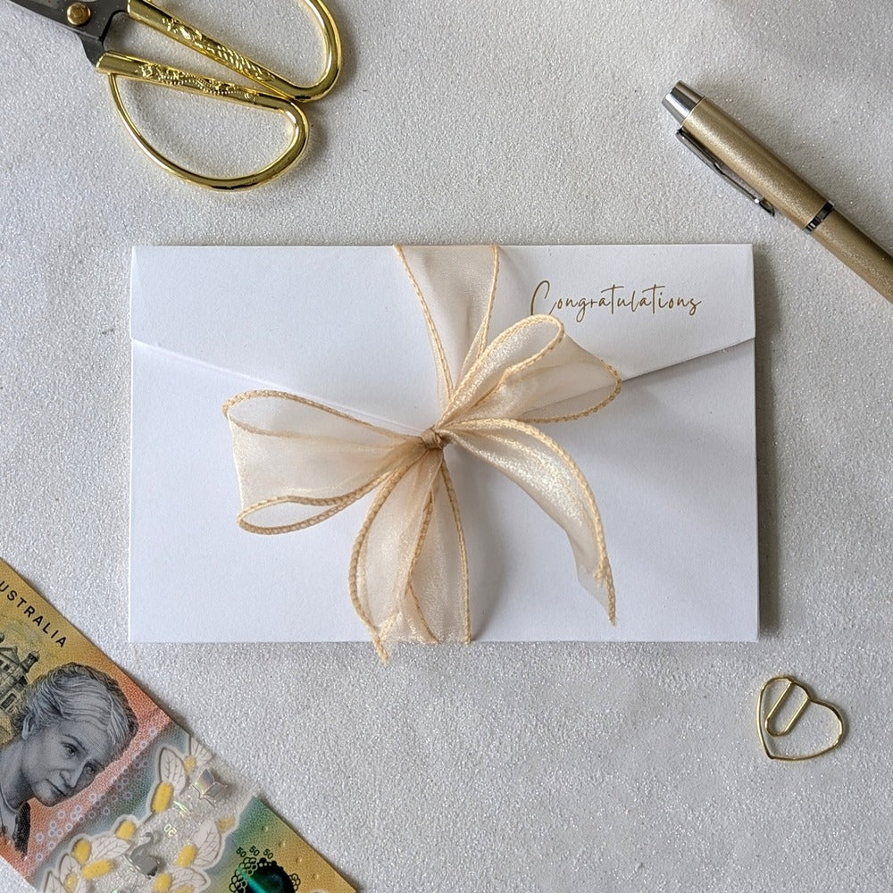 Wedding Money Envelope with Congratulations in gold foil and Gold Chiffon Ribbon