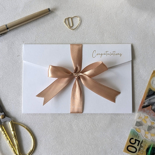Wedding money envelope with gold satin ribbon