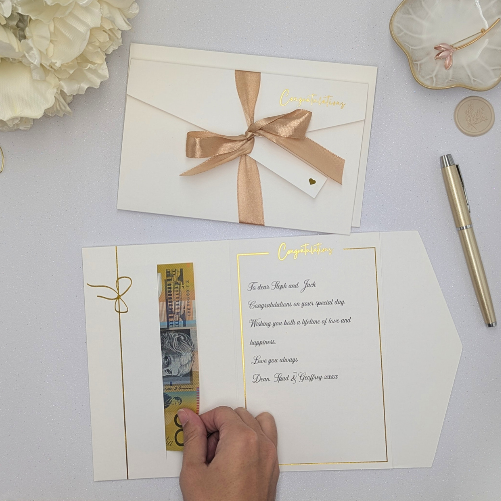 Wedding money envelope with gold satin ribbon