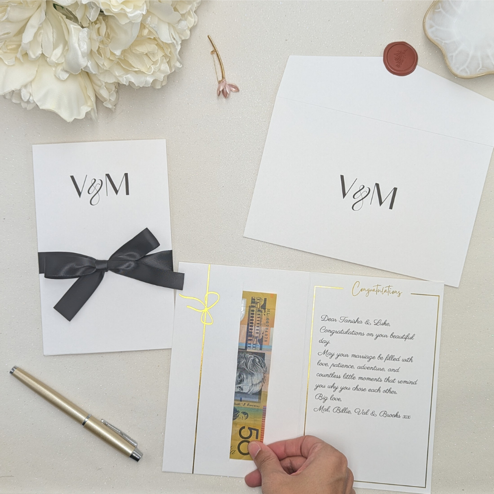 Wedding money gift card envelope with money in the gift pocket and custom matching envelope
