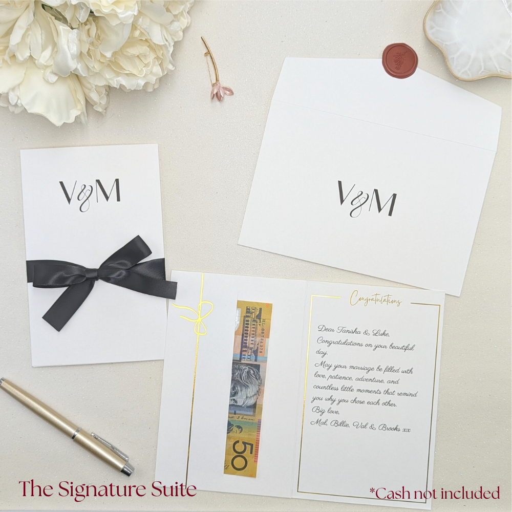 Wedding money gift envelope with money in the gift pocket and custom matching envelope the signature