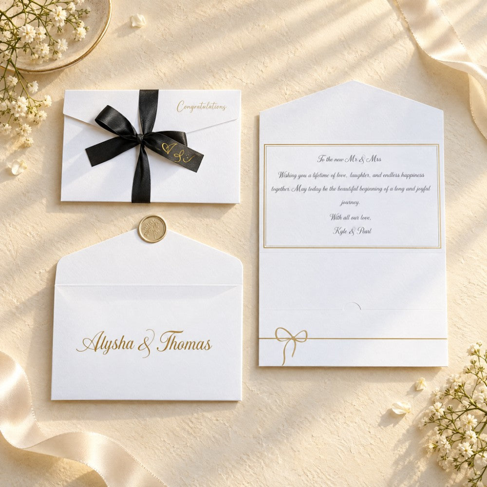 Wedding money wallet with pocket for the gift with black satin ribbon and tag for the names