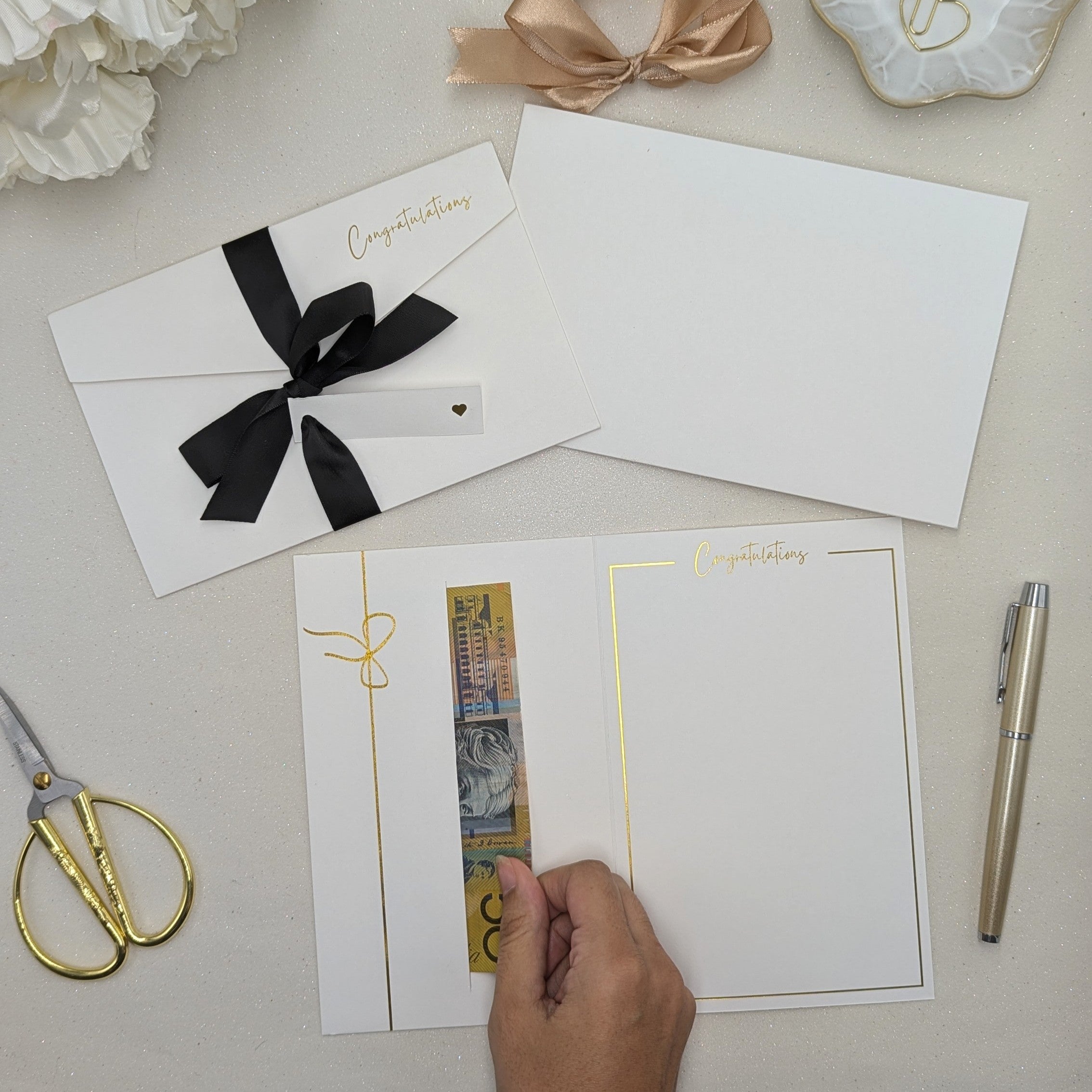 Wedding money wallet with pocket for the gift with black satin ribbon and tag for the names