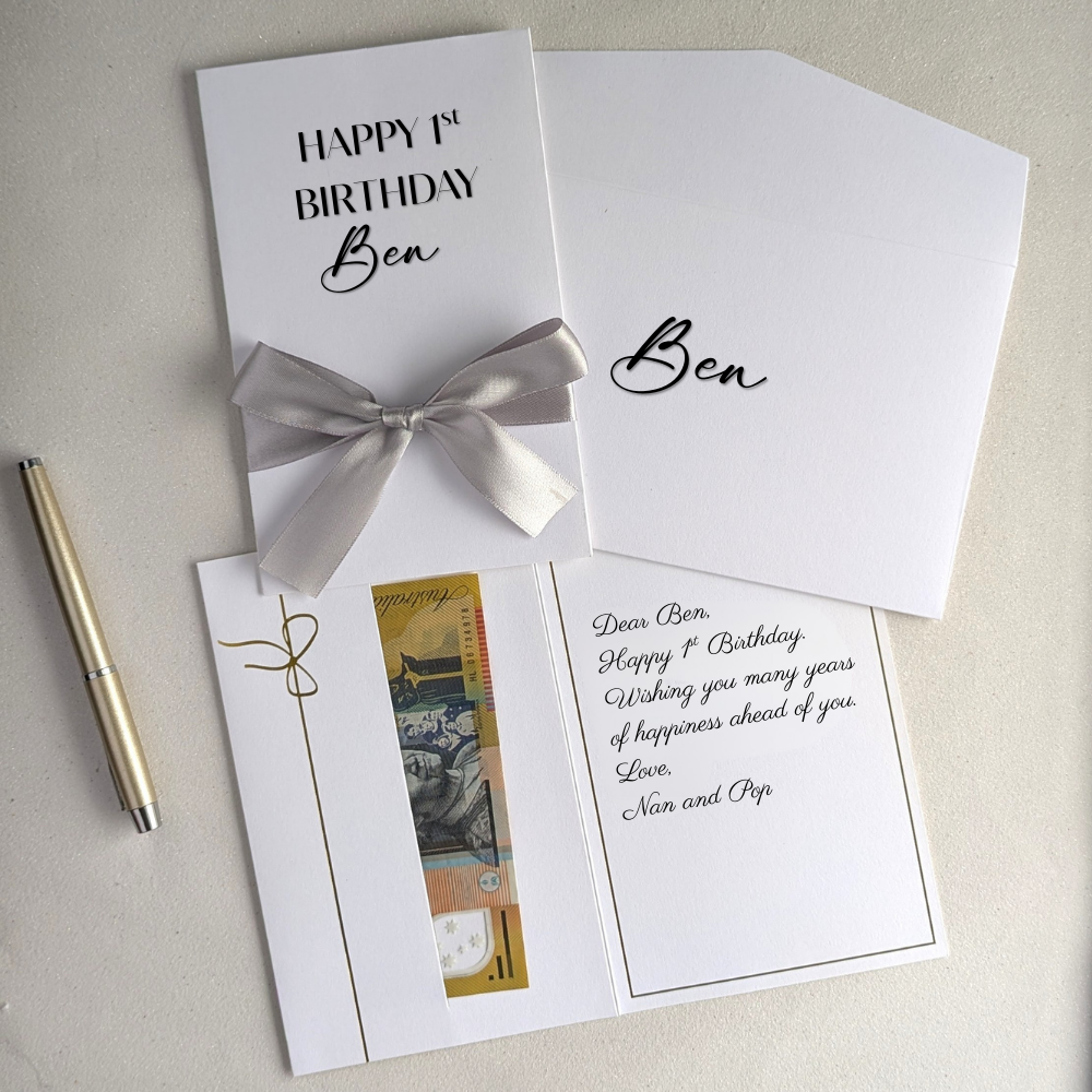 1st birthday card for grandson or granddaughter keepsake. Personalised with recipients name