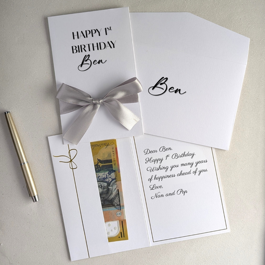 1st birthday card for grandson or granddaughter keepsake. Personalised with recipients name