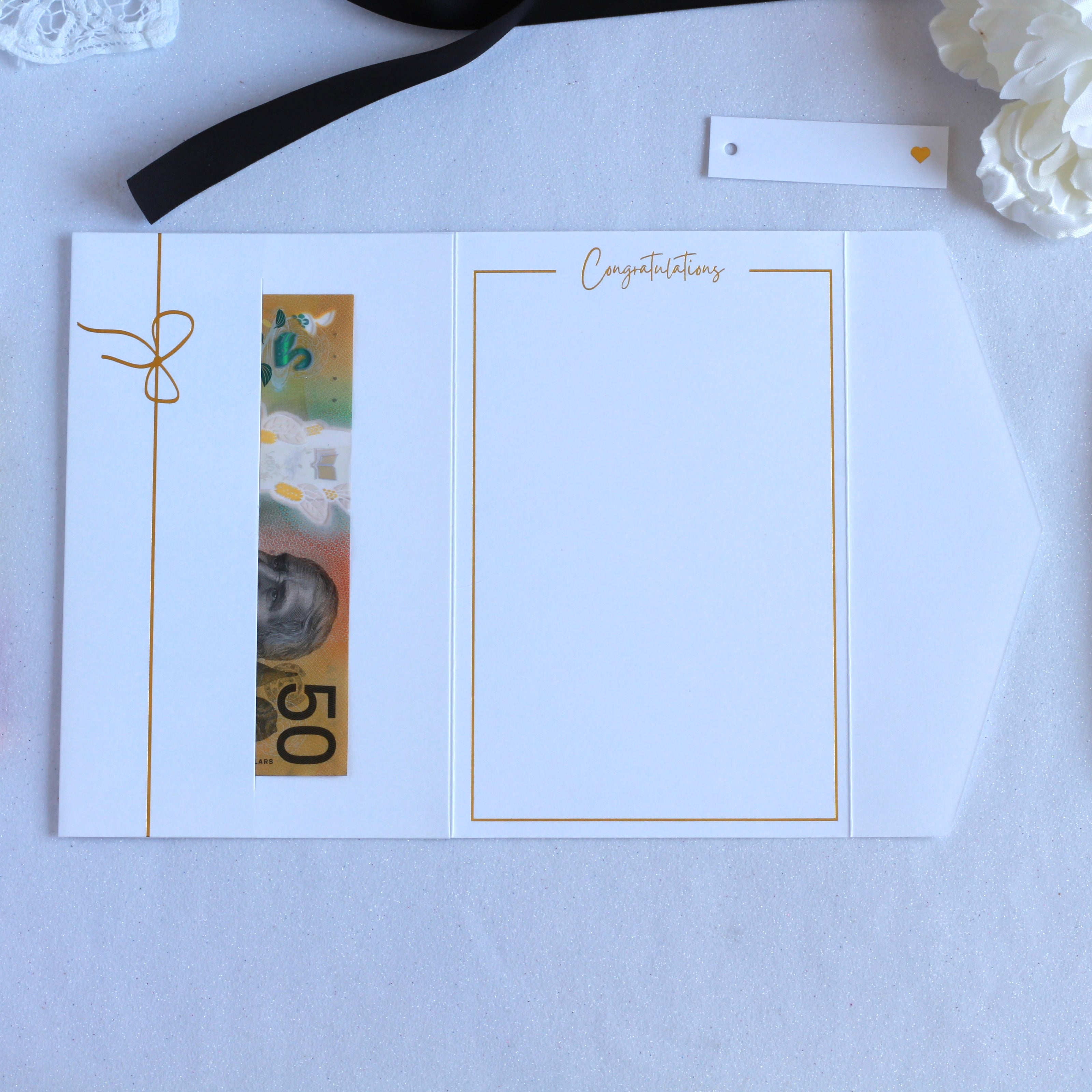Wedding cash envelope in white with black ribbon