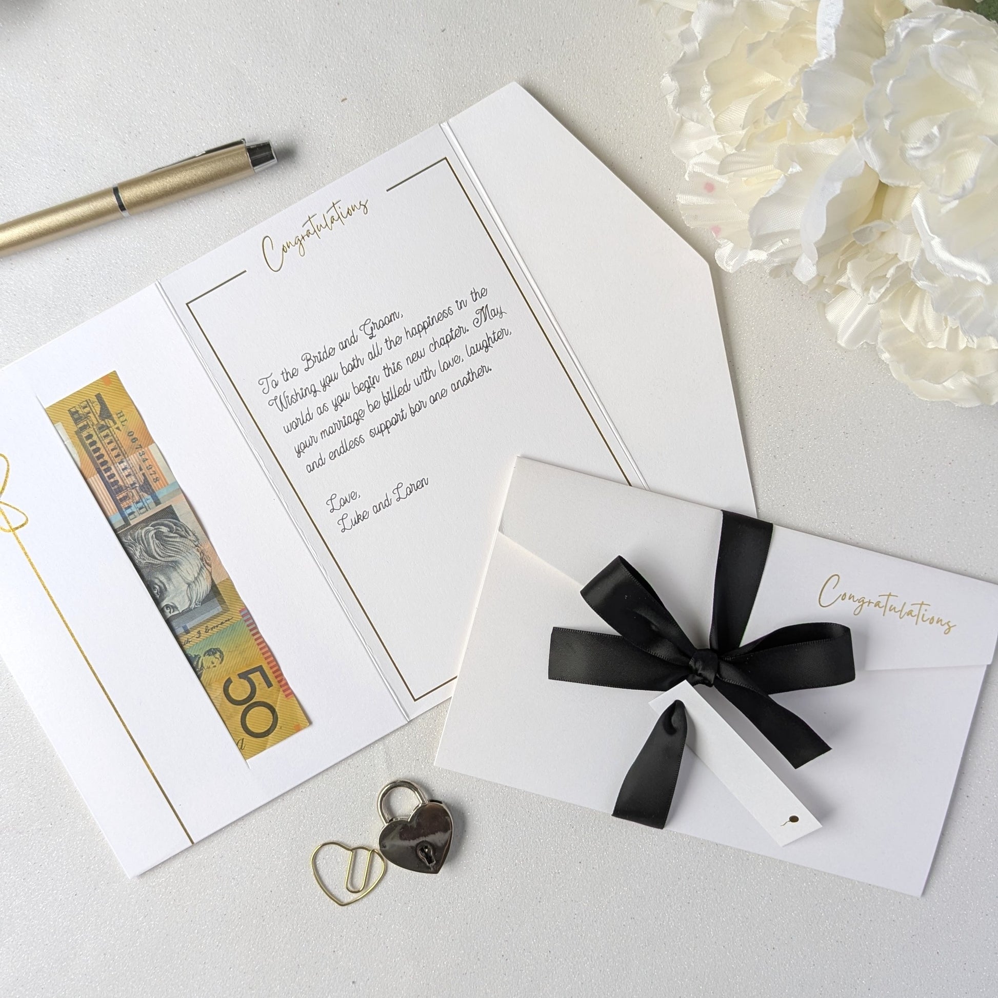 Luxury white congratulations wedding gift envelope with black ribbon and white tag. Wedding cash envelope, wedding money envelope, wedding gift envelope, wedding money card
